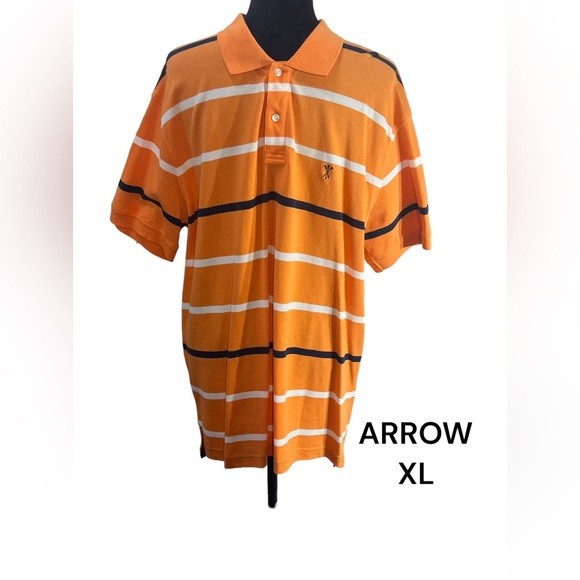 AAROW, XL, ORANGE/BLUE/WHITE STRIPE, SHORT SLEEVE, 3/4 BUTTON COLLAR POLO. - Picture 1 of 6